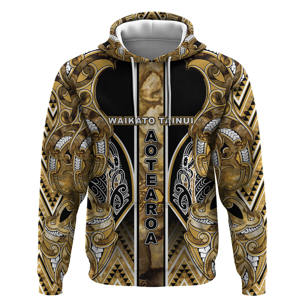 Aotearoa Waikato Tainui Zip Hoodie Maori Light Gold Tribal Paua Shell Pattern
