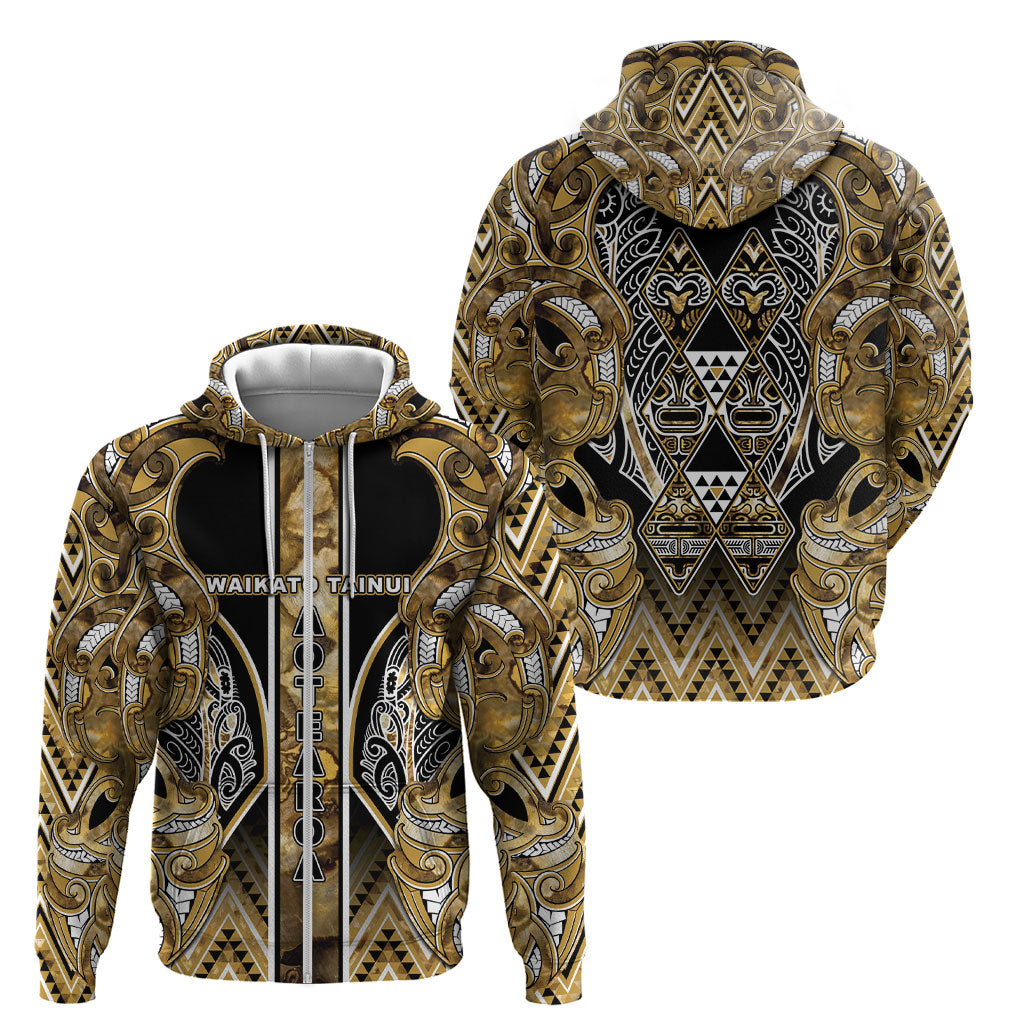 Aotearoa Waikato Tainui Zip Hoodie Maori Light Gold Tribal Paua Shell Pattern