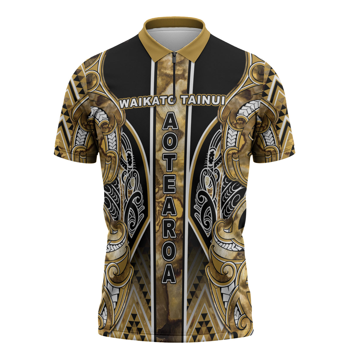 Aotearoa Waikato Tainui Zipper Polo Shirt Maori Light Gold Tribal Paua Shell Pattern