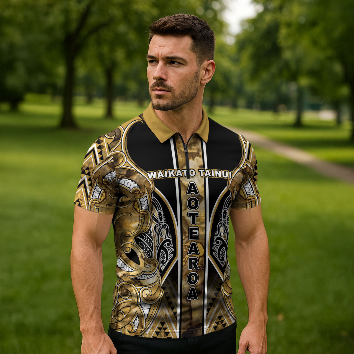 Aotearoa Waikato Tainui Zipper Polo Shirt Maori Light Gold Tribal Paua Shell Pattern