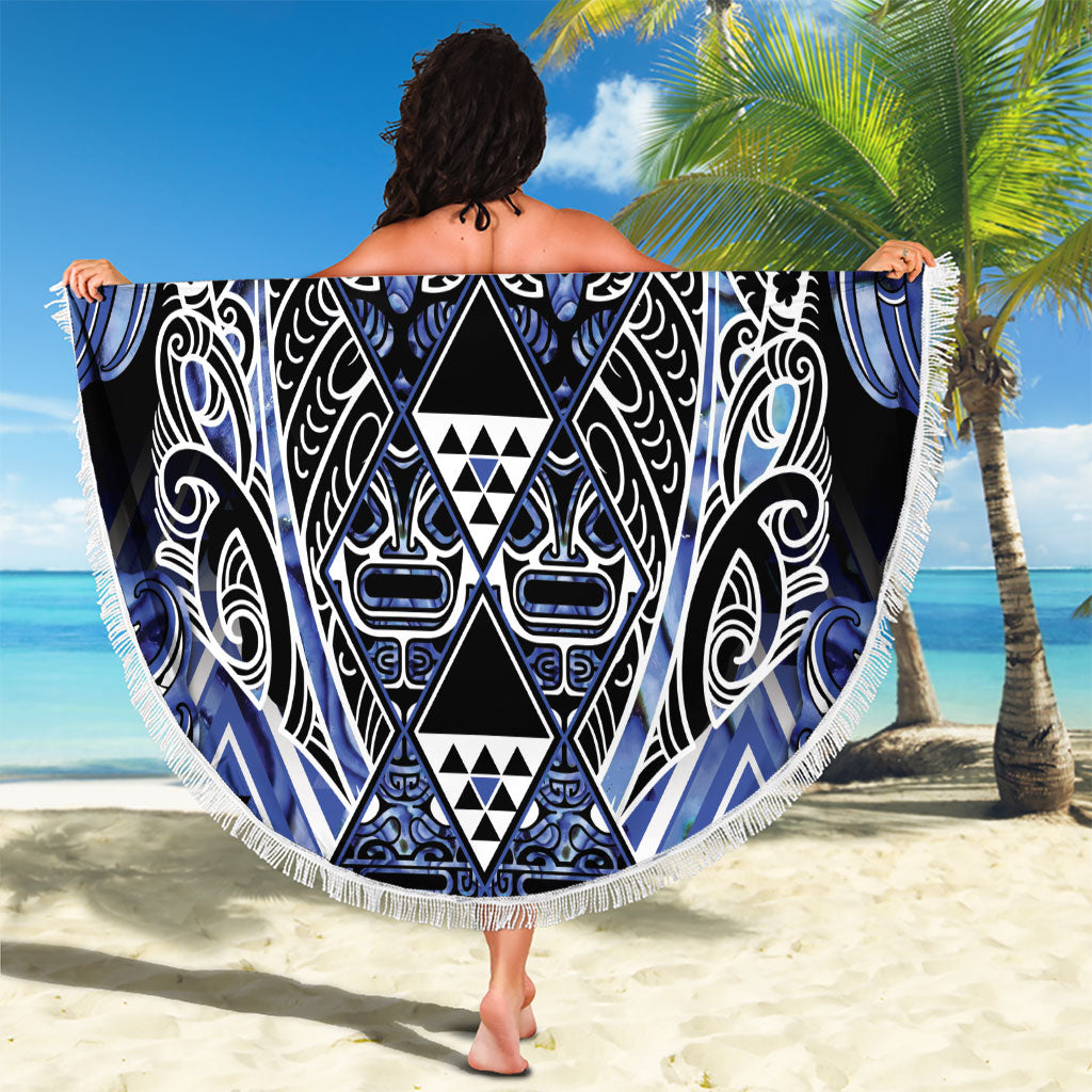 Aotearoa Ngati Kahungunu Beach Blanket Maori Tribal Blue Paua Shell Pattern