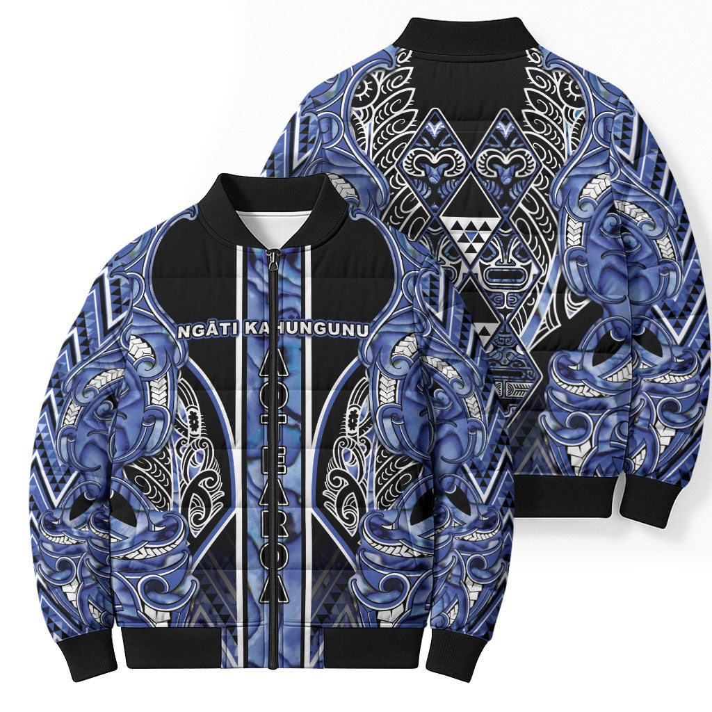 Aotearoa Ngati Kahungunu Bomber Puffer Jacket Maori Tribal Blue Paua Shell Pattern
