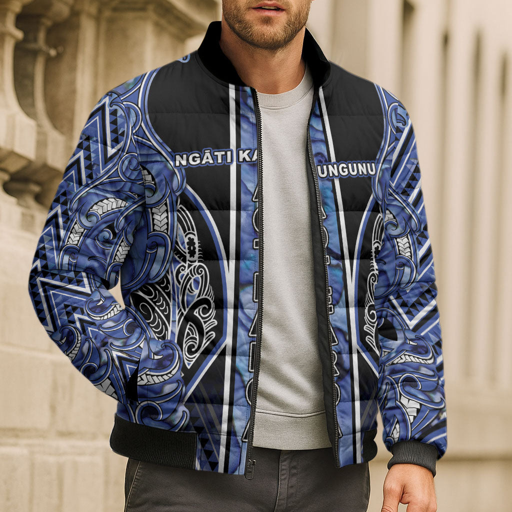 Aotearoa Ngati Kahungunu Bomber Puffer Jacket Maori Tribal Blue Paua Shell Pattern