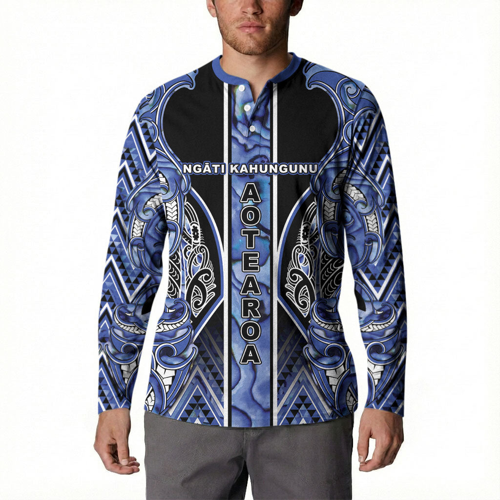 Aotearoa Ngati Kahungunu Button Sweatshirt Maori Tribal Blue Paua Shell Pattern