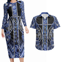 Aotearoa Ngati Kahungunu Couples Matching Long Sleeve Bodycon Dress and Hawaiian Shirt Maori Tribal Blue Paua Shell Pattern
