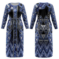 Aotearoa Ngati Kahungunu Couples Matching Long Sleeve Bodycon Dress and Hawaiian Shirt Maori Tribal Blue Paua Shell Pattern
