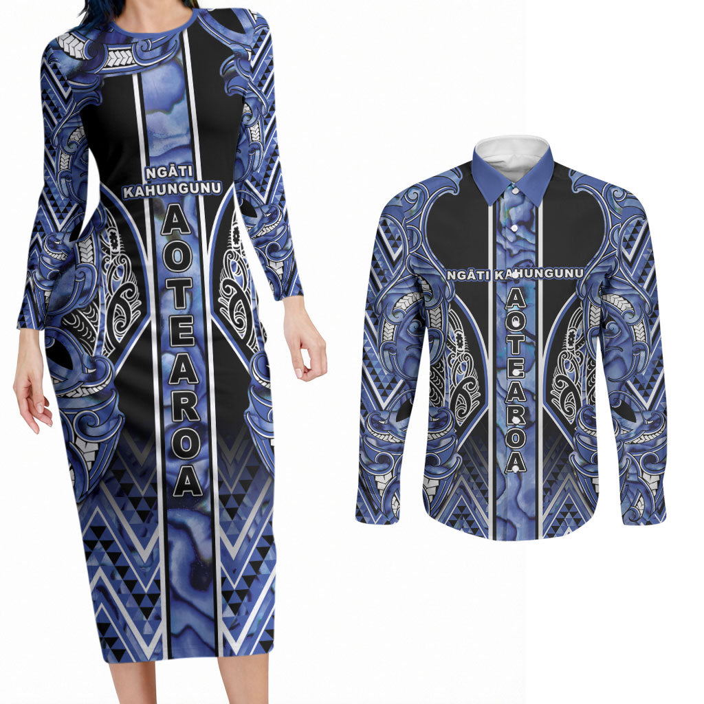 Aotearoa Ngati Kahungunu Couples Matching Long Sleeve Bodycon Dress and Long Sleeve Button Shirt Maori Tribal Blue Paua Shell Pattern DT05 Blue - Polynesian Pride