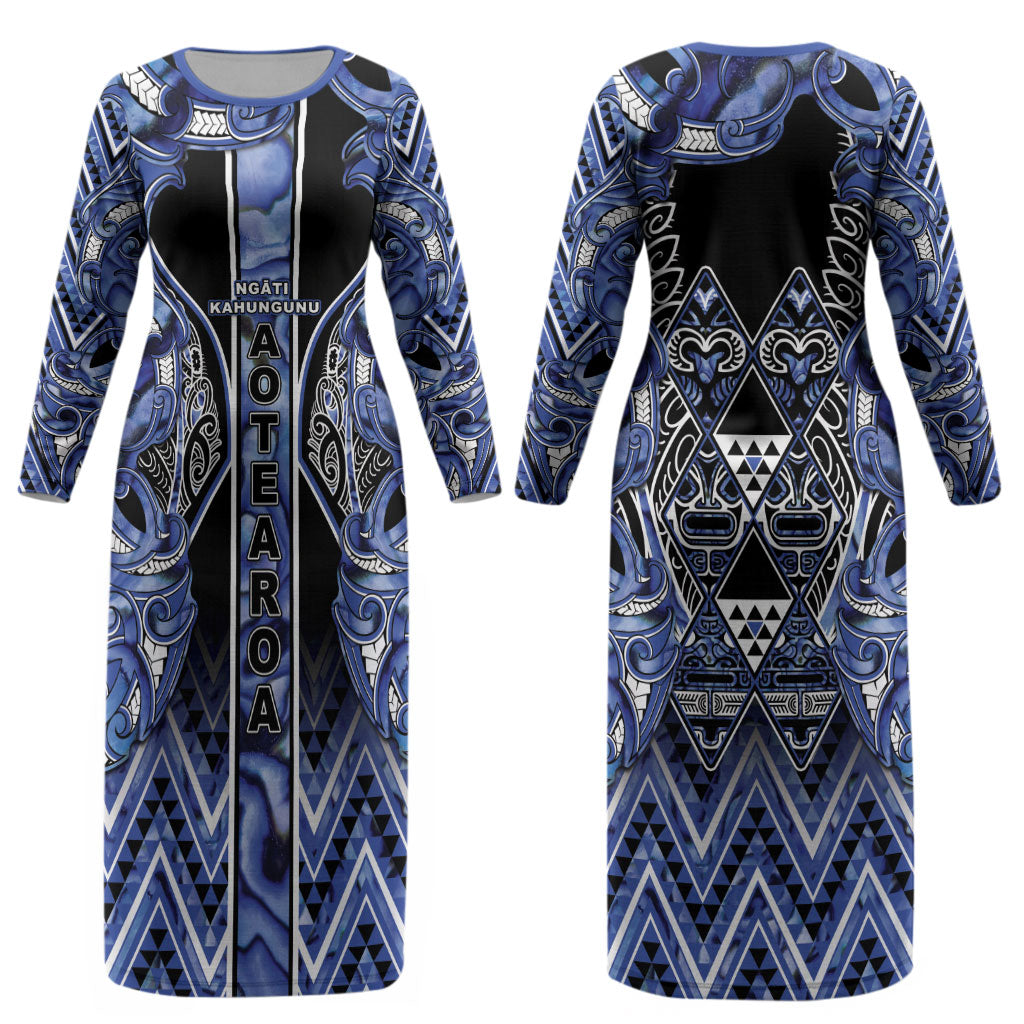Aotearoa Ngati Kahungunu Couples Matching Long Sleeve Bodycon Dress and Long Sleeve Button Shirt Maori Tribal Blue Paua Shell Pattern