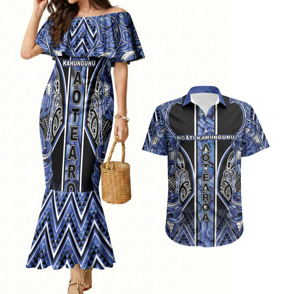 Aotearoa Ngati Kahungunu Couples Matching Mermaid Dress and Hawaiian Shirt Maori Tribal Blue Paua Shell Pattern
