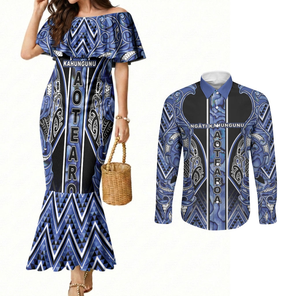 Aotearoa Ngati Kahungunu Couples Matching Mermaid Dress and Long Sleeve Button Shirt Maori Tribal Blue Paua Shell Pattern DT05 Blue - Polynesian Pride