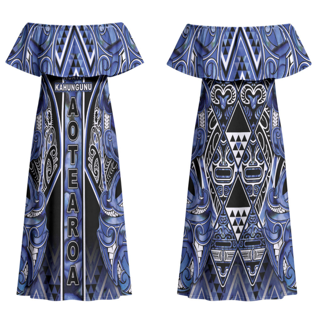 Aotearoa Ngati Kahungunu Couples Matching Off Shoulder Maxi Dress and Hawaiian Shirt Maori Tribal Blue Paua Shell Pattern