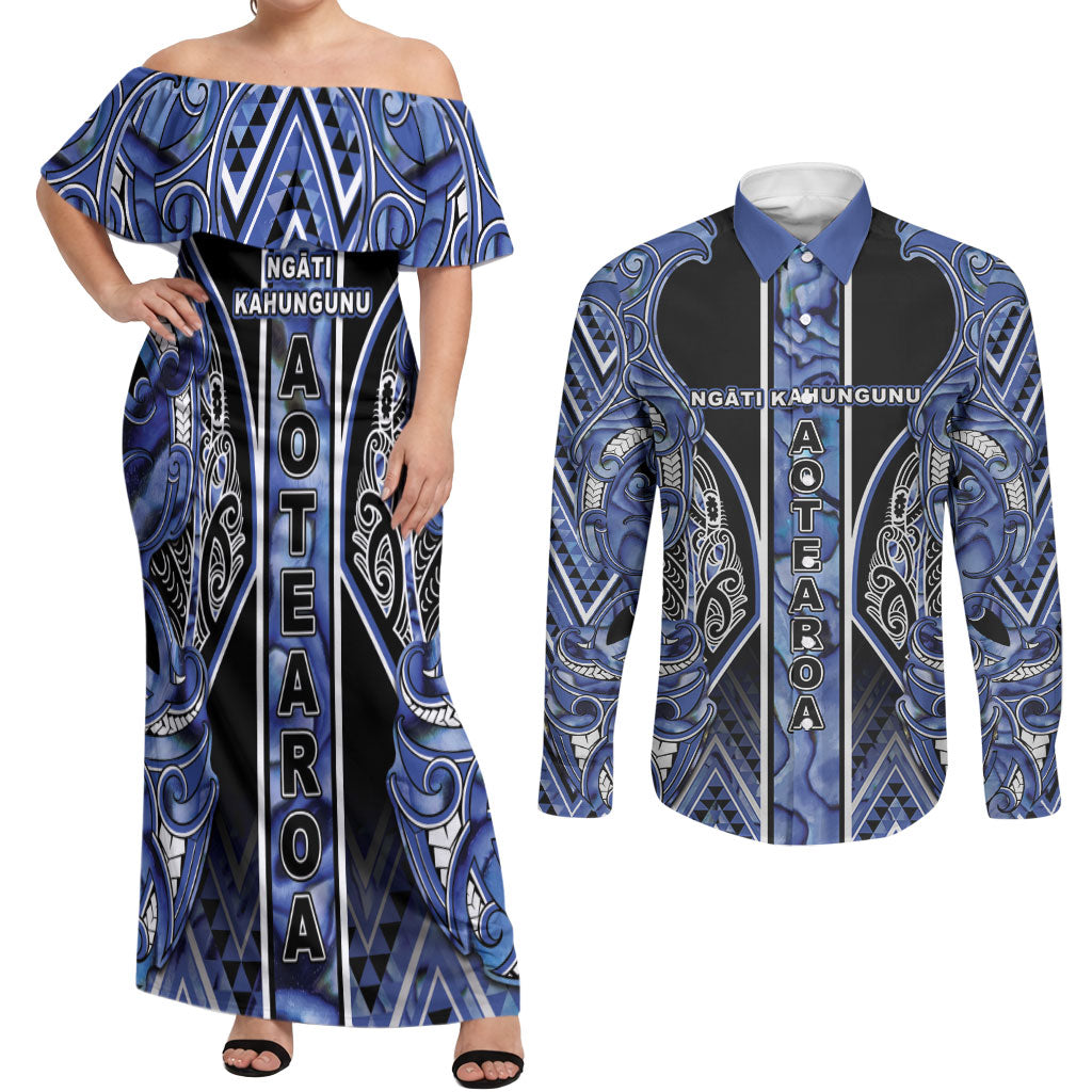 Aotearoa Ngati Kahungunu Couples Matching Off Shoulder Maxi Dress and Long Sleeve Button Shirt Maori Tribal Blue Paua Shell Pattern