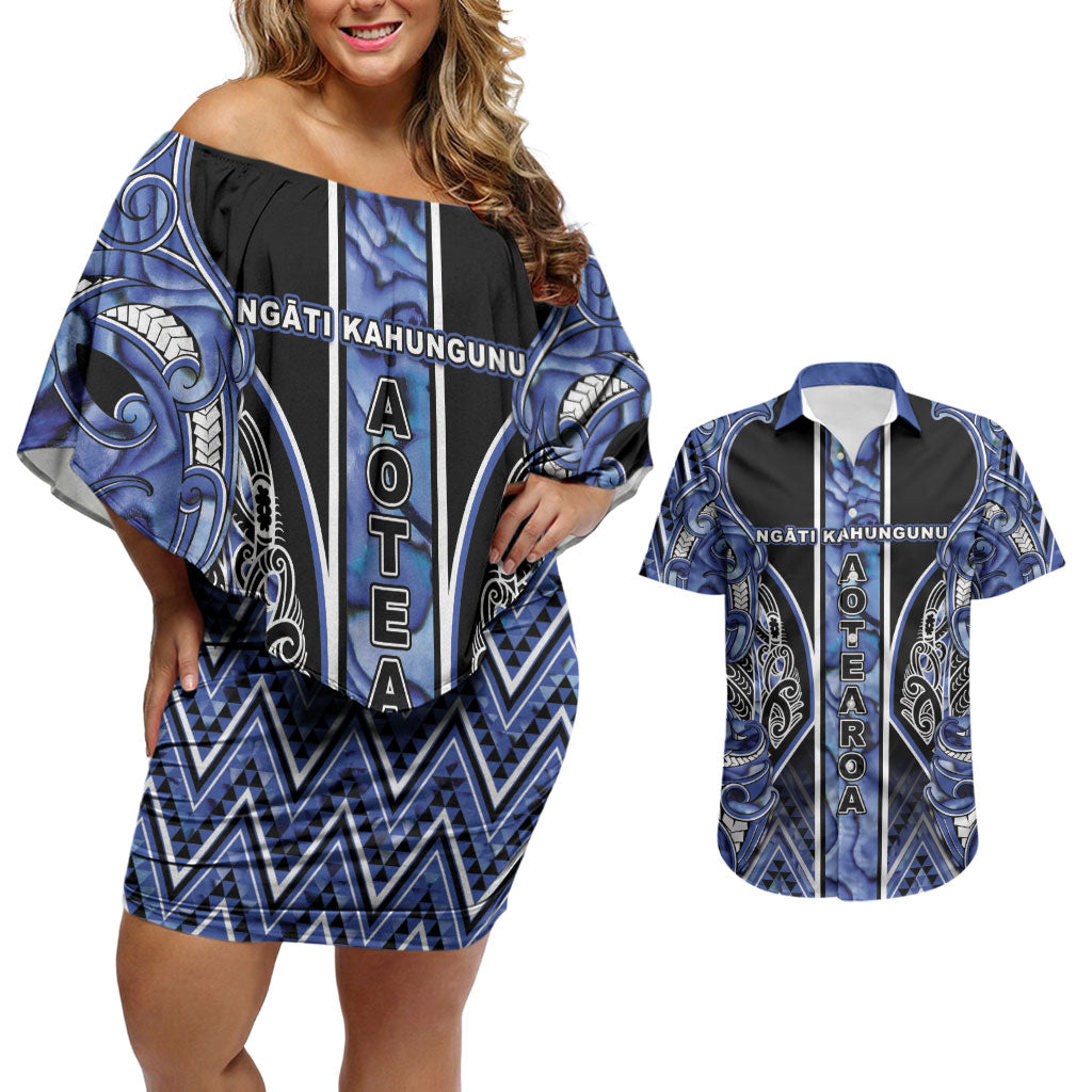 Aotearoa Ngati Kahungunu Couples Matching Off Shoulder Short Dress and Hawaiian Shirt Maori Tribal Blue Paua Shell Pattern
