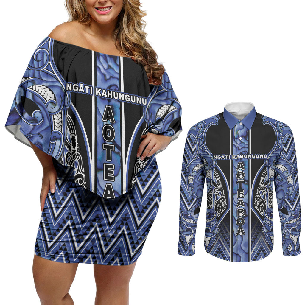 Aotearoa Ngati Kahungunu Couples Matching Off Shoulder Short Dress and Long Sleeve Button Shirt Maori Tribal Blue Paua Shell Pattern