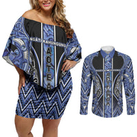 Aotearoa Ngati Kahungunu Couples Matching Off Shoulder Short Dress and Long Sleeve Button Shirt Maori Tribal Blue Paua Shell Pattern