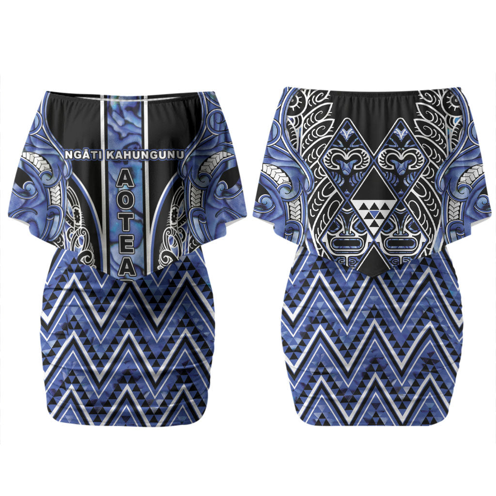 Aotearoa Ngati Kahungunu Couples Matching Off Shoulder Short Dress and Long Sleeve Button Shirt Maori Tribal Blue Paua Shell Pattern