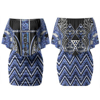 Aotearoa Ngati Kahungunu Couples Matching Off Shoulder Short Dress and Long Sleeve Button Shirt Maori Tribal Blue Paua Shell Pattern
