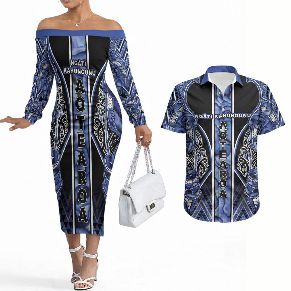 Aotearoa Ngati Kahungunu Couples Matching Off The Shoulder Long Sleeve Dress and Hawaiian Shirt Maori Tribal Blue Paua Shell Pattern