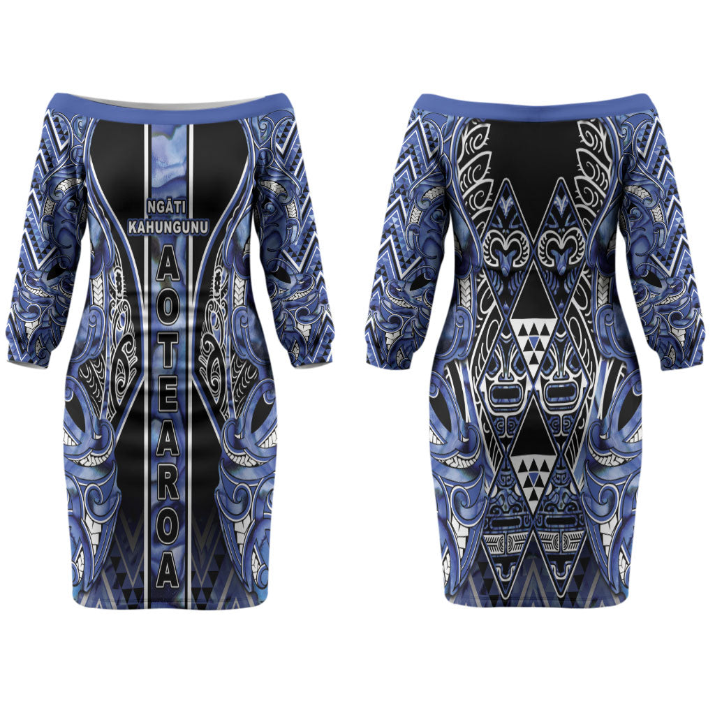 Aotearoa Ngati Kahungunu Couples Matching Off The Shoulder Long Sleeve Dress and Hawaiian Shirt Maori Tribal Blue Paua Shell Pattern