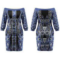 Aotearoa Ngati Kahungunu Couples Matching Off The Shoulder Long Sleeve Dress and Hawaiian Shirt Maori Tribal Blue Paua Shell Pattern