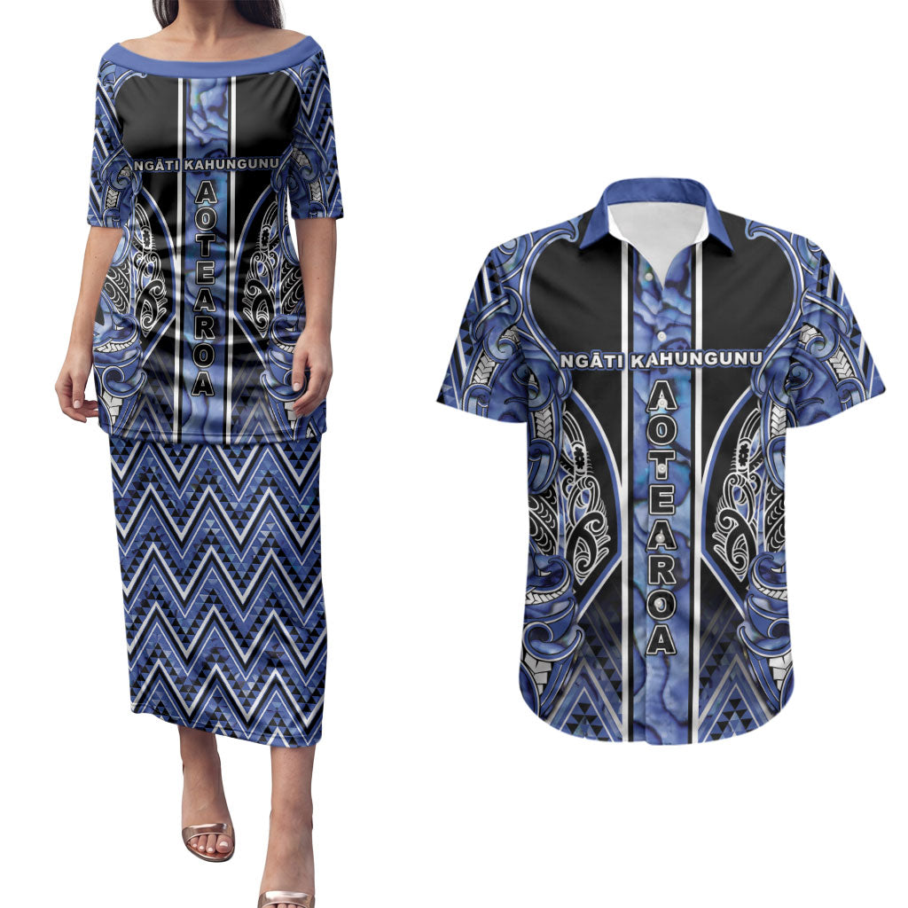 Aotearoa Ngati Kahungunu Couples Matching Puletasi and Hawaiian Shirt Maori Tribal Blue Paua Shell Pattern DT05 Blue - Polynesian Pride