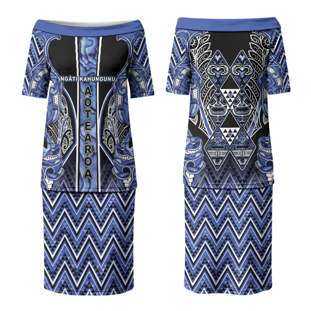 Aotearoa Ngati Kahungunu Couples Matching Puletasi and Long Sleeve Button Shirt Maori Tribal Blue Paua Shell Pattern
