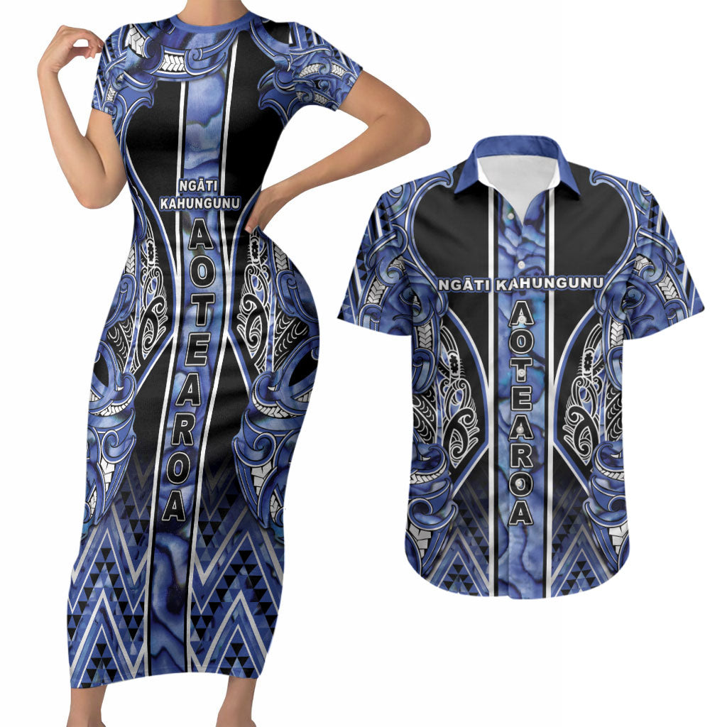 Aotearoa Ngati Kahungunu Couples Matching Short Sleeve Bodycon Dress and Hawaiian Shirt Maori Tribal Blue Paua Shell Pattern DT05 Blue - Polynesian Pride