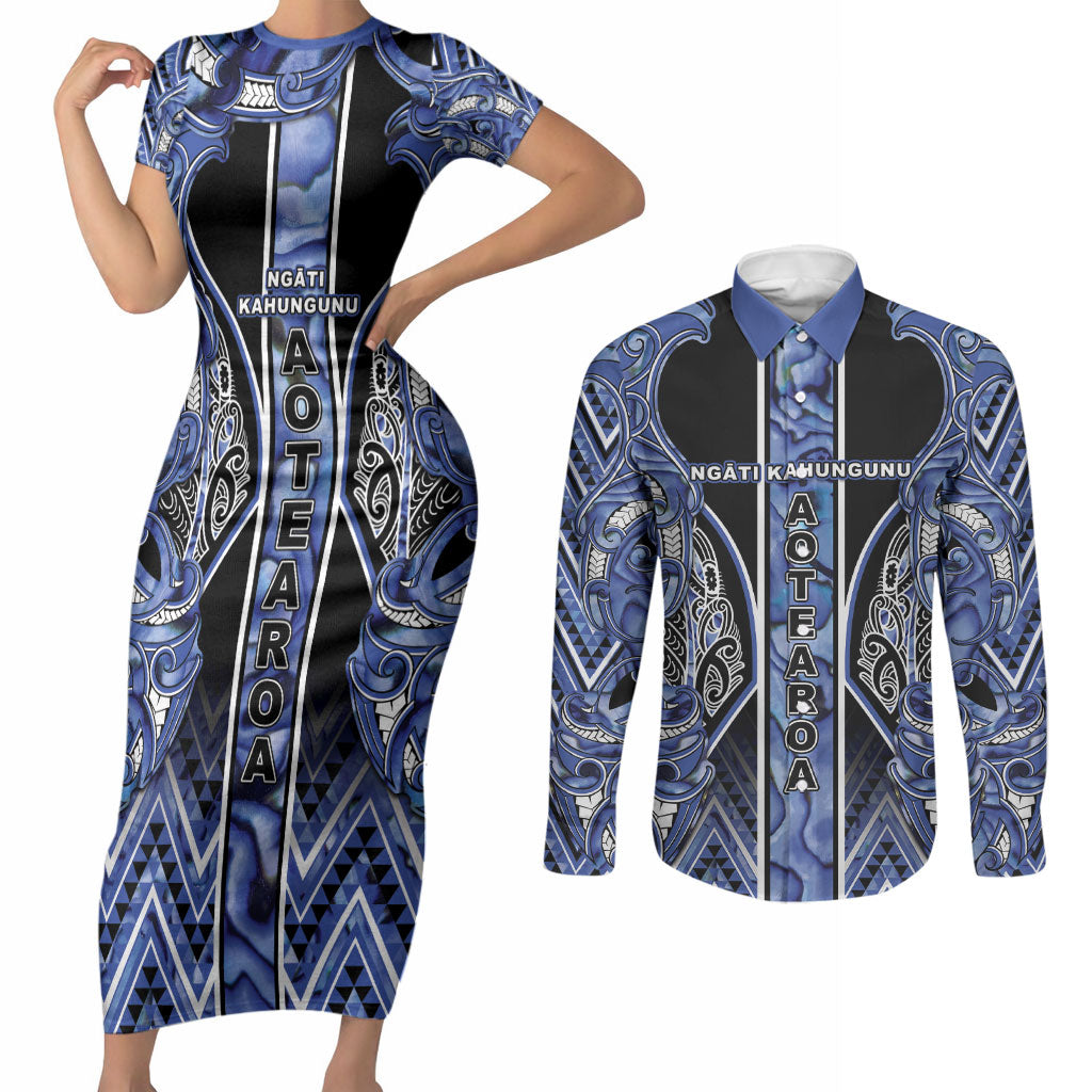 Aotearoa Ngati Kahungunu Couples Matching Short Sleeve Bodycon Dress and Long Sleeve Button Shirt Maori Tribal Blue Paua Shell Pattern DT05 Blue - Polynesian Pride