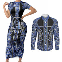 Aotearoa Ngati Kahungunu Couples Matching Short Sleeve Bodycon Dress and Long Sleeve Button Shirt Maori Tribal Blue Paua Shell Pattern