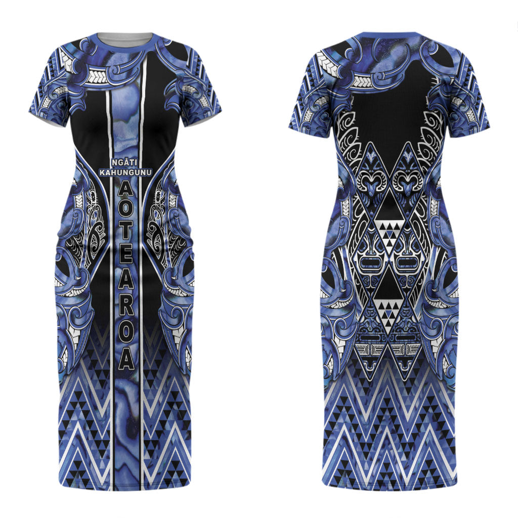 Aotearoa Ngati Kahungunu Couples Matching Short Sleeve Bodycon Dress and Long Sleeve Button Shirt Maori Tribal Blue Paua Shell Pattern