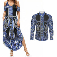 Aotearoa Ngati Kahungunu Couples Matching Summer Maxi Dress and Long Sleeve Button Shirt Maori Tribal Blue Paua Shell Pattern