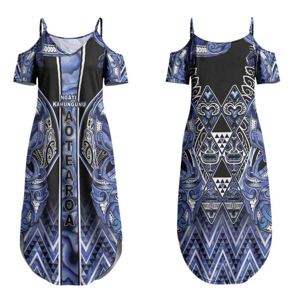 Aotearoa Ngati Kahungunu Couples Matching Summer Maxi Dress and Long Sleeve Button Shirt Maori Tribal Blue Paua Shell Pattern