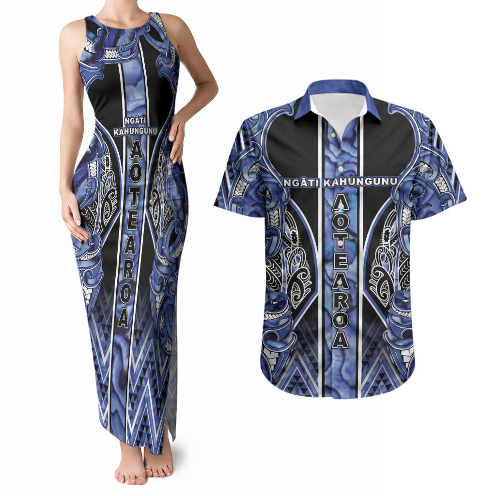 Aotearoa Ngati Kahungunu Couples Matching Tank Maxi Dress and Hawaiian Shirt Maori Tribal Blue Paua Shell Pattern DT05 Blue - Polynesian Pride