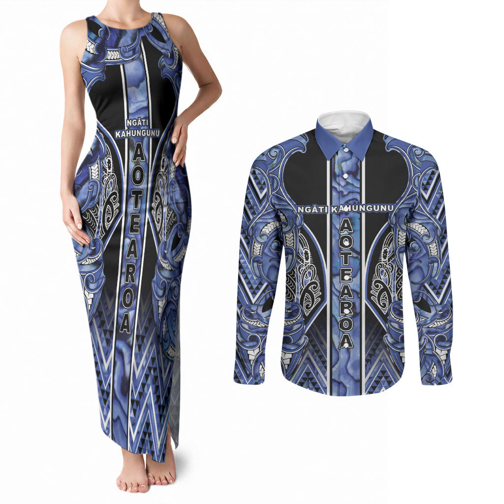 Aotearoa Ngati Kahungunu Couples Matching Tank Maxi Dress and Long Sleeve Button Shirt Maori Tribal Blue Paua Shell Pattern