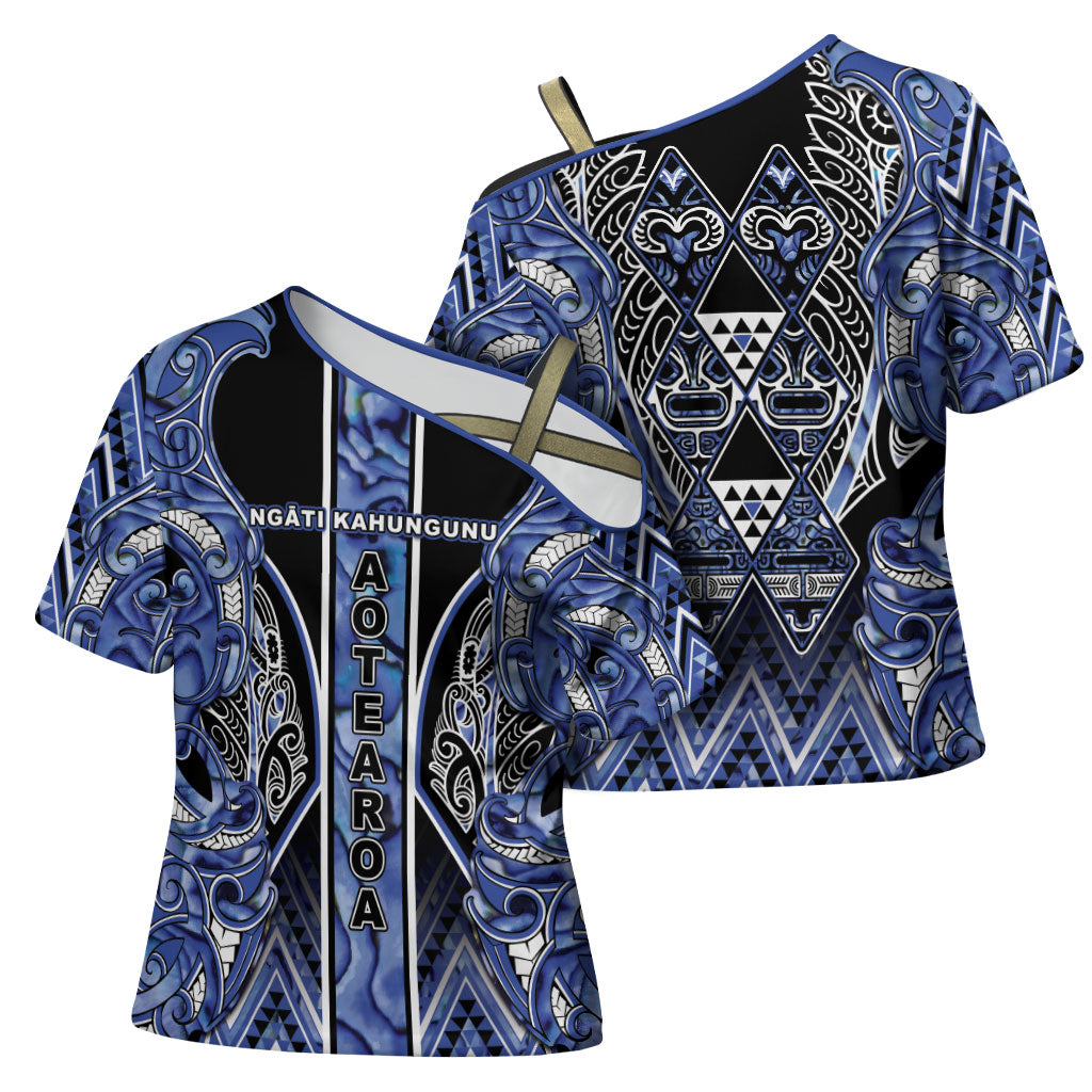 Aotearoa Ngati Kahungunu Cross Shoulder Shirt Maori Tribal Blue Paua Shell Pattern