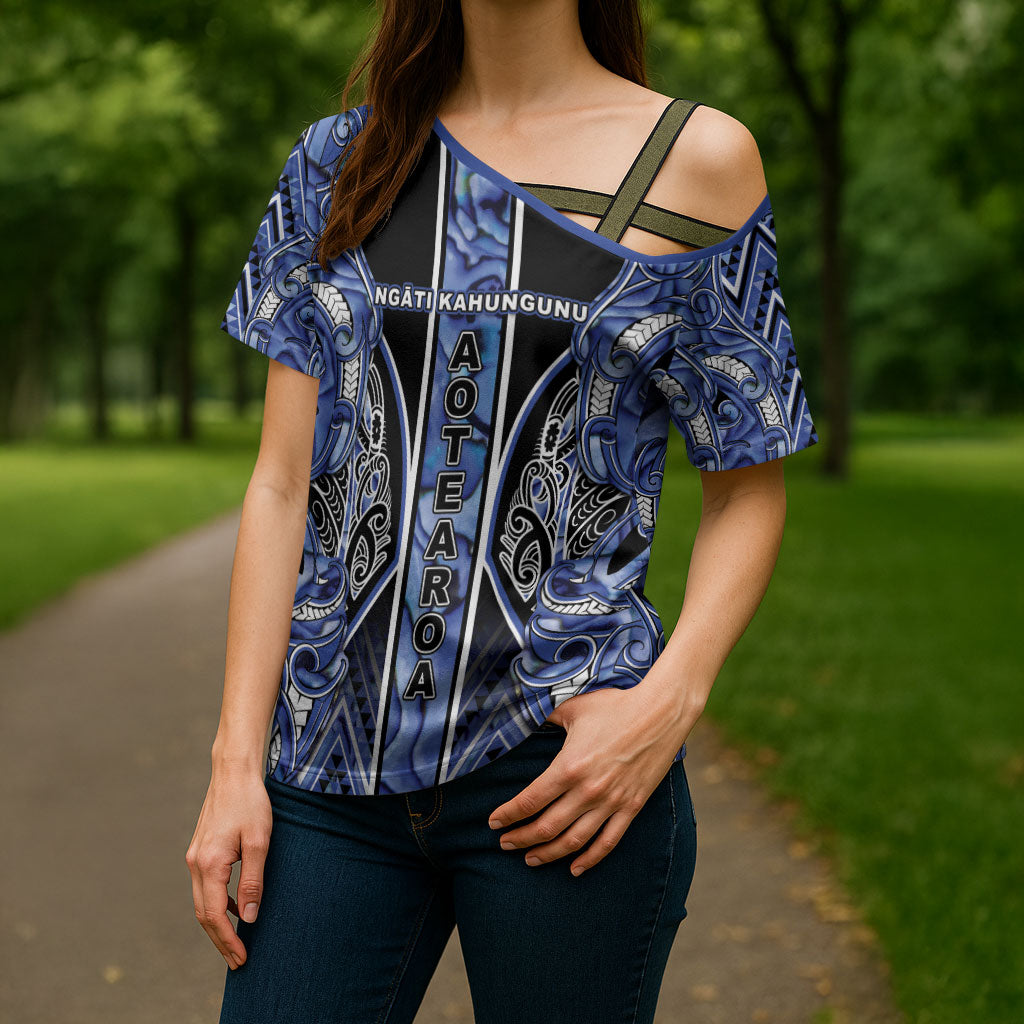 Aotearoa Ngati Kahungunu Cross Shoulder Shirt Maori Tribal Blue Paua Shell Pattern