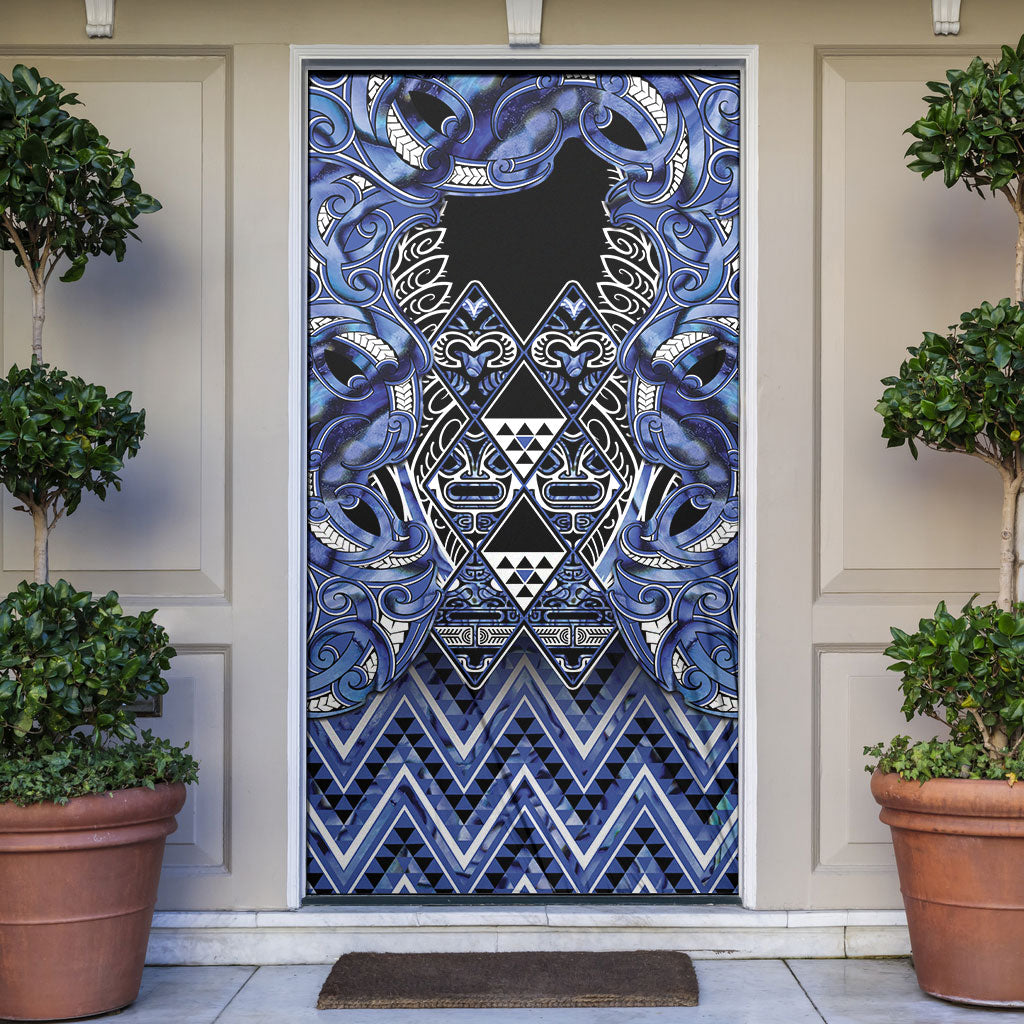Aotearoa Ngati Kahungunu Door Cover Maori Tribal Blue Paua Shell Pattern DT05 Blue - Polynesian Pride