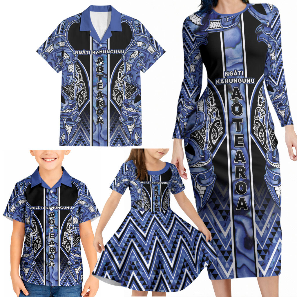 Aotearoa Ngati Kahungunu Family Matching Long Sleeve Bodycon Dress and Hawaiian Shirt Maori Tribal Blue Paua Shell Pattern DT05 - Polynesian Pride