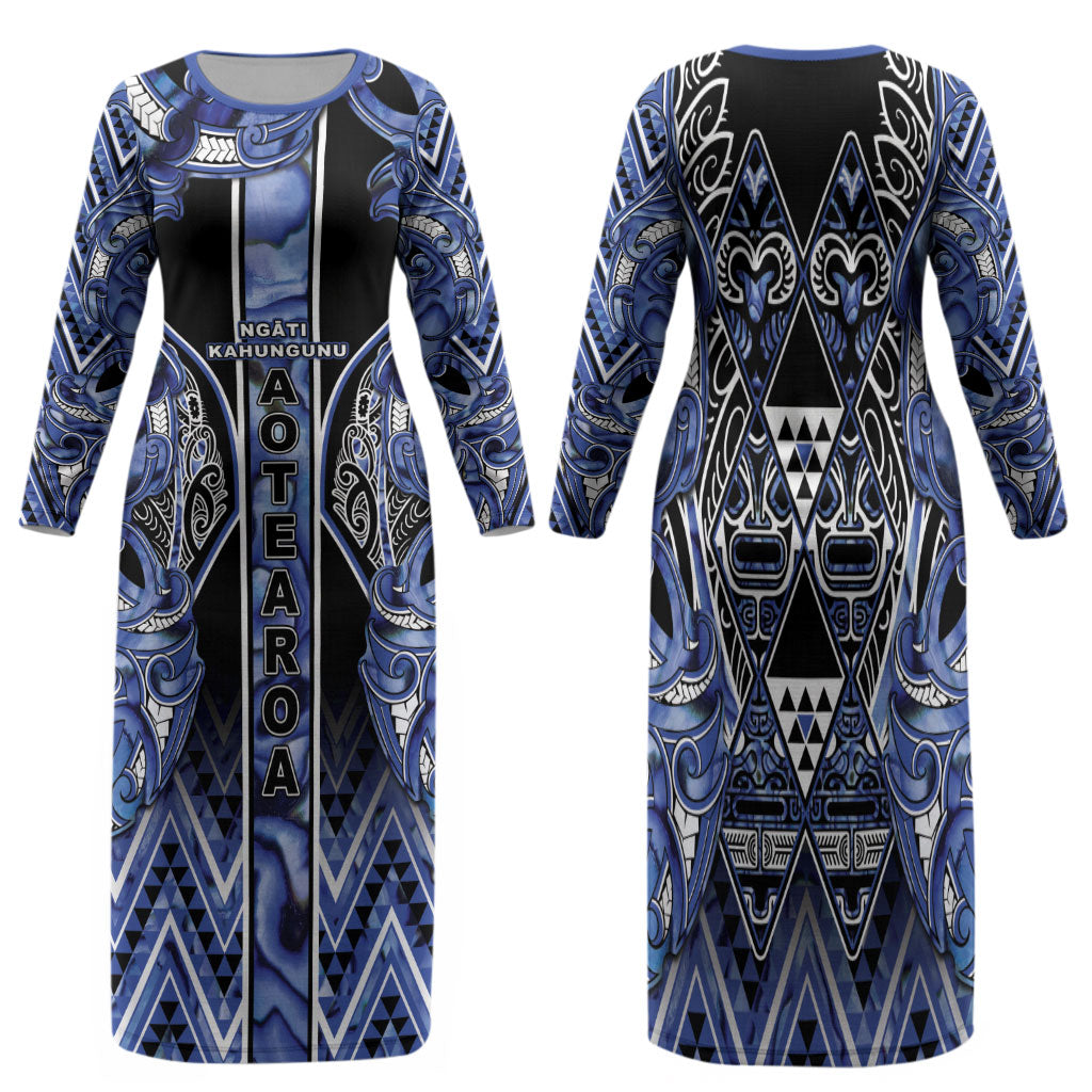 Aotearoa Ngati Kahungunu Family Matching Long Sleeve Bodycon Dress and Hawaiian Shirt Maori Tribal Blue Paua Shell Pattern