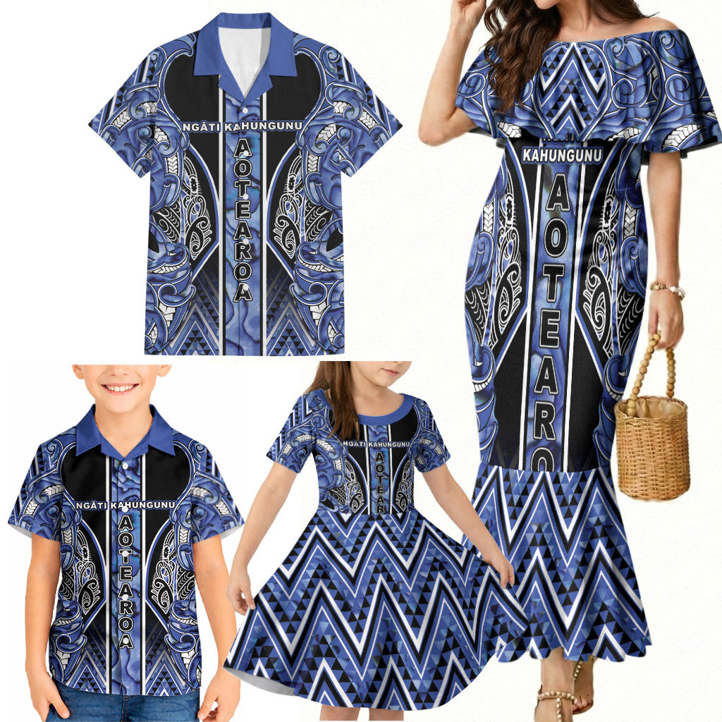 Aotearoa Ngati Kahungunu Family Matching Mermaid Dress and Hawaiian Shirt Maori Tribal Blue Paua Shell Pattern