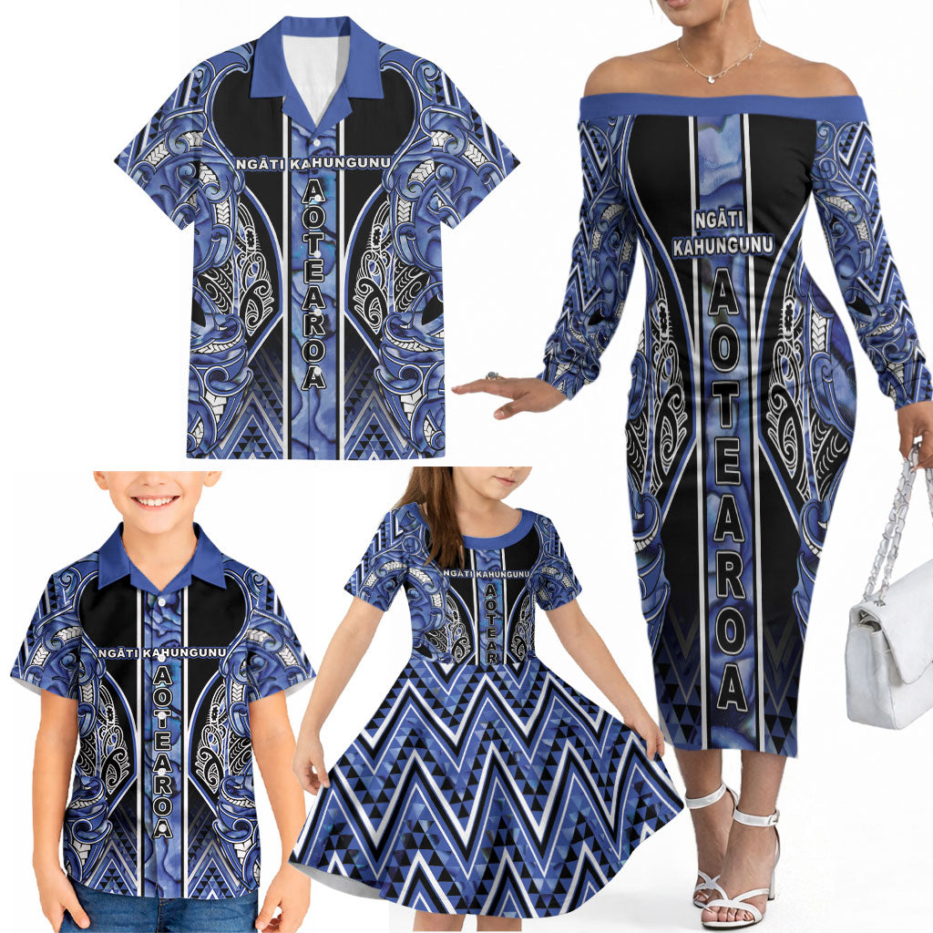 Aotearoa Ngati Kahungunu Family Matching Off The Shoulder Long Sleeve Dress and Hawaiian Shirt Maori Tribal Blue Paua Shell Pattern DT05 - Polynesian Pride