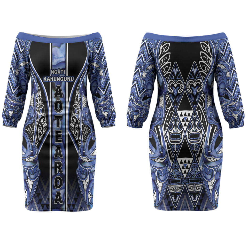 Aotearoa Ngati Kahungunu Family Matching Off The Shoulder Long Sleeve Dress and Hawaiian Shirt Maori Tribal Blue Paua Shell Pattern