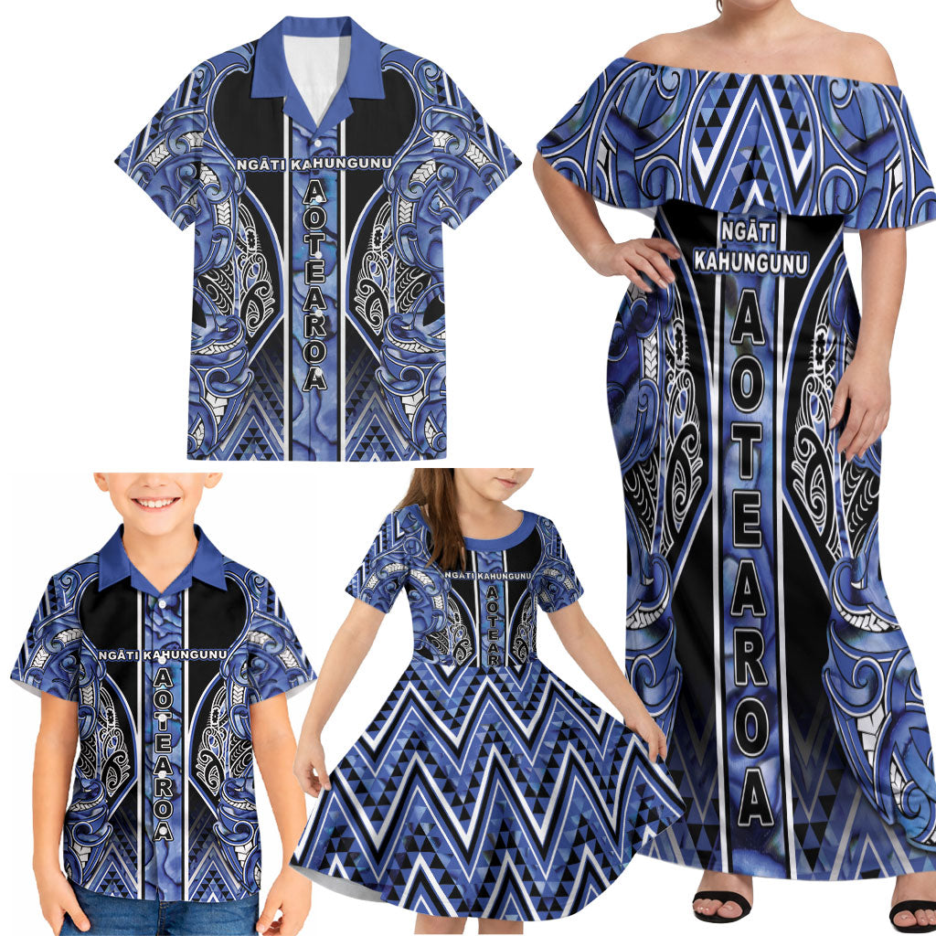 Aotearoa Ngati Kahungunu Family Matching Off Shoulder Maxi Dress and Hawaiian Shirt Maori Tribal Blue Paua Shell Pattern