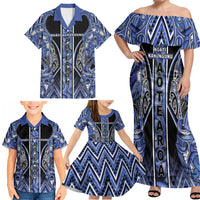 Aotearoa Ngati Kahungunu Family Matching Off Shoulder Maxi Dress and Hawaiian Shirt Maori Tribal Blue Paua Shell Pattern