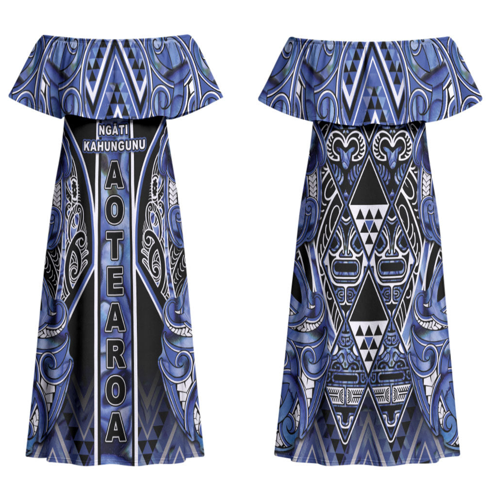 Aotearoa Ngati Kahungunu Family Matching Off Shoulder Maxi Dress and Hawaiian Shirt Maori Tribal Blue Paua Shell Pattern