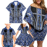 Aotearoa Ngati Kahungunu Family Matching Off Shoulder Short Dress and Hawaiian Shirt Maori Tribal Blue Paua Shell Pattern