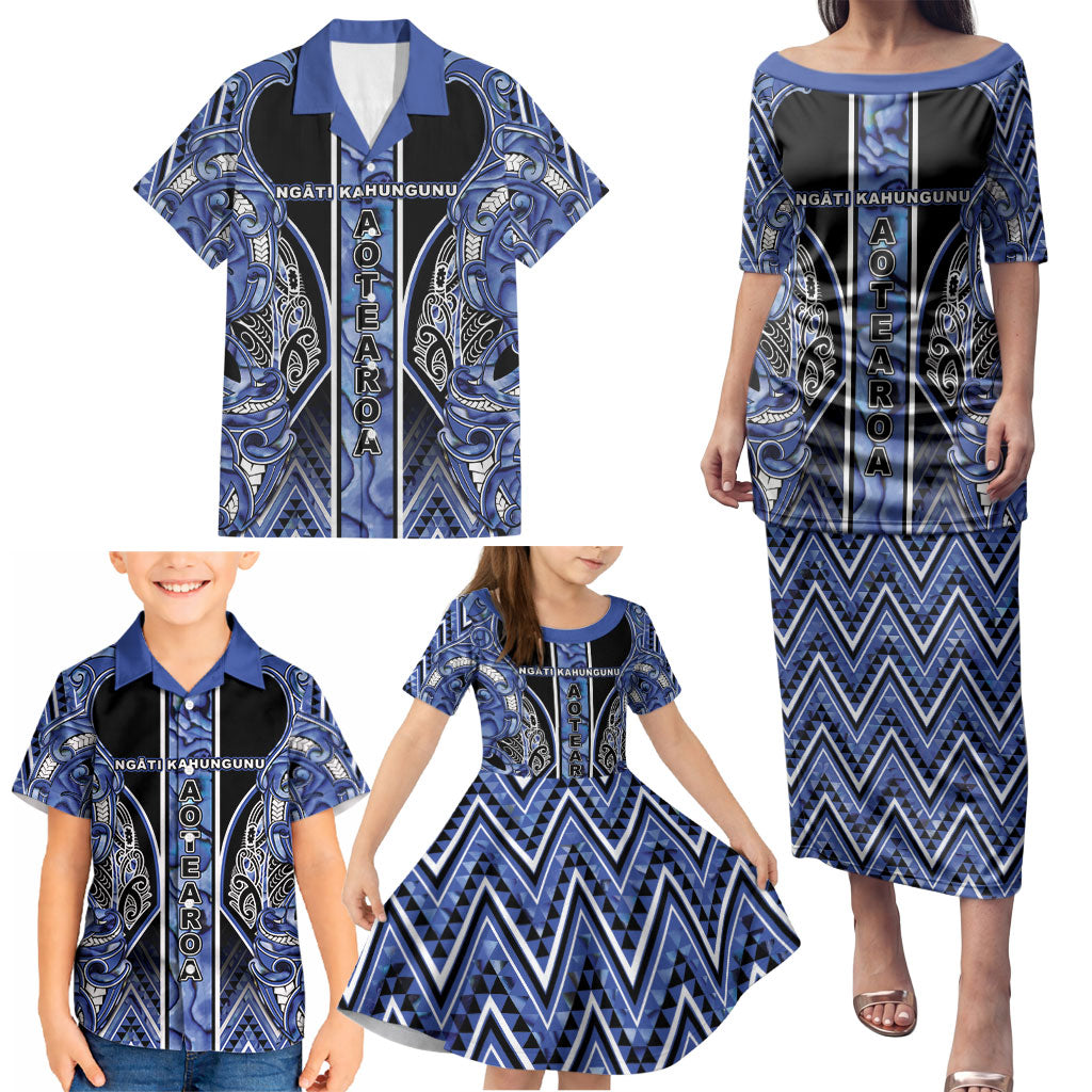 Aotearoa Ngati Kahungunu Family Matching Puletasi and Hawaiian Shirt Maori Tribal Blue Paua Shell Pattern