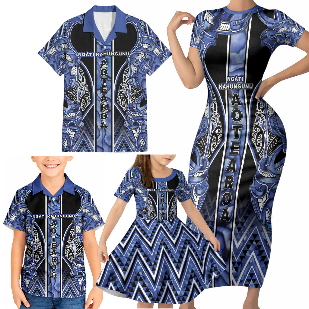 Aotearoa Ngati Kahungunu Family Matching Short Sleeve Bodycon Dress and Hawaiian Shirt Maori Tribal Blue Paua Shell Pattern