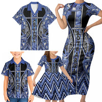 Aotearoa Ngati Kahungunu Family Matching Short Sleeve Bodycon Dress and Hawaiian Shirt Maori Tribal Blue Paua Shell Pattern