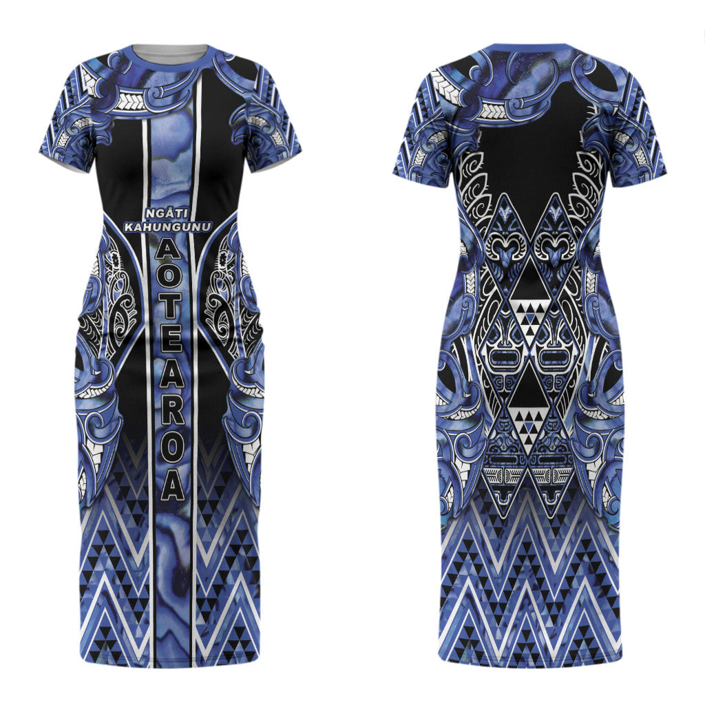 Aotearoa Ngati Kahungunu Family Matching Short Sleeve Bodycon Dress and Hawaiian Shirt Maori Tribal Blue Paua Shell Pattern